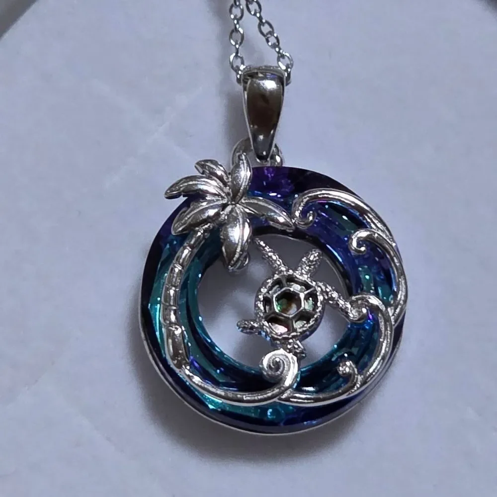 📷💬🩵⏭️NIB Blue Crystal Sterling Silver Sea Turtle Tropical Pendant Necklace